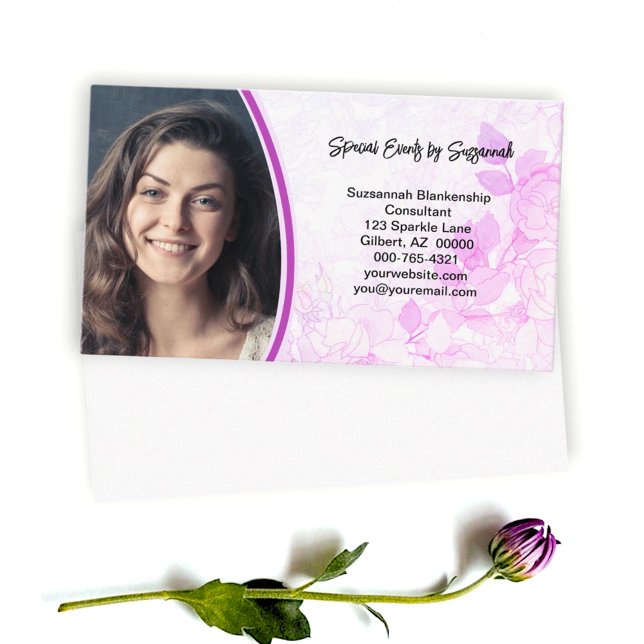 Cartão De Visita Foto Personalizada em Fundo Floral Rosa Profission (floral and custom photo front with white back business card design)