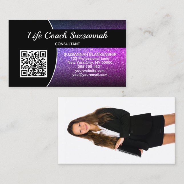 Cartão De Visita Foto personalizada Glitter de Ombre Roxo QR Profes (Frente/Verso)