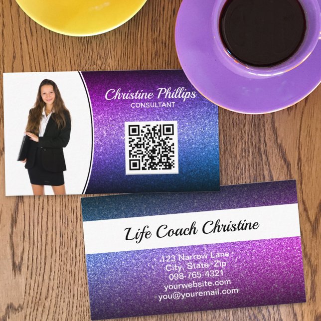 Cartão De Visita Foto personalizada QR de folheto Roxo profissional (Criador carregado)
