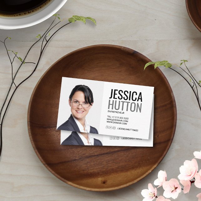 Cartão De Visita Foto pessoal preto e branco em negrito (Criador carregado)