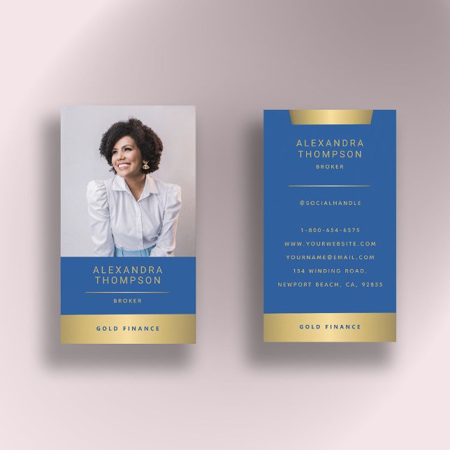 Cartão De Visita Foto profissional de CEO Dourado azul Elegante mod (real estate photo business card sky blue gold elegant simple modern professional broker agent classy)