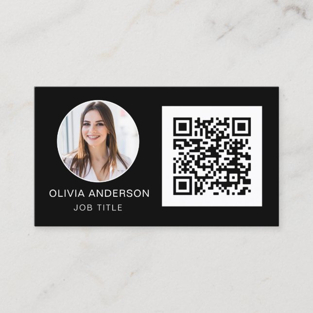 Cartão De Visita Foto profissional de código QR Black White Busines (Frente)