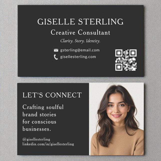 Cartão De Visita Foto profissional de código QR branco preto (Criador carregado)