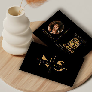 Cartão De Visita Foto profissional de código QR mínimo preto/Dourad