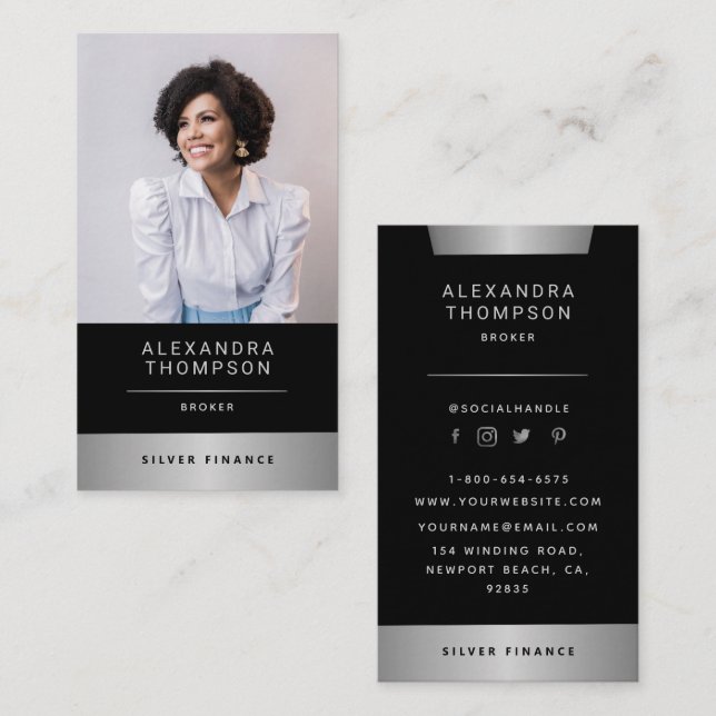 Cartão De Visita Foto Profissional de Stripe Prateada Elegante Mode (Frente/Verso)