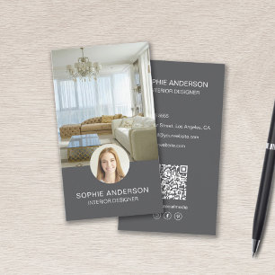 Cartão De Visita Foto QR Cinza de Mídia Social Designer Interior