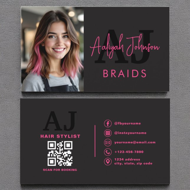 Cartão De Visita Foto QR Código Braids Hair Stylist Typografia (Criador carregado)