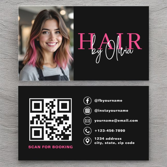 Cartão De Visita Foto QR Código Hair Stylist (Criador carregado)