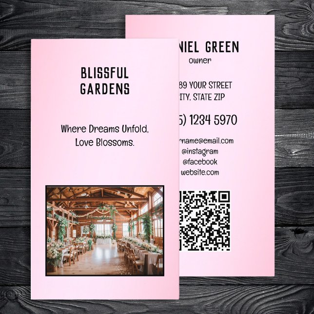 Cartão De Visita Foto QR de Avenida de Casamento (Wedding Venue QR Photo Business Cards)