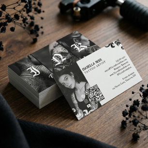 Cartão De Visita Foto QR de Loja de Tatuagem Gótica Preta Vintage
