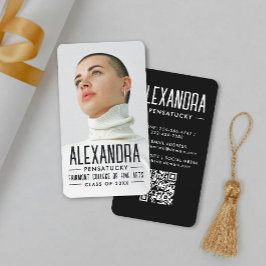 Cartão De Visita Foto QR de Networking de Graduado Preto e Branco c