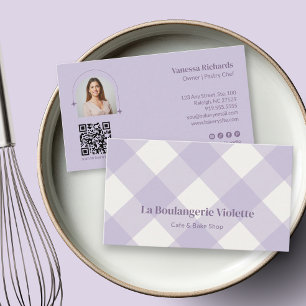 Cartão De Visita Foto QR de Padaria Roxa Xadrez Chic