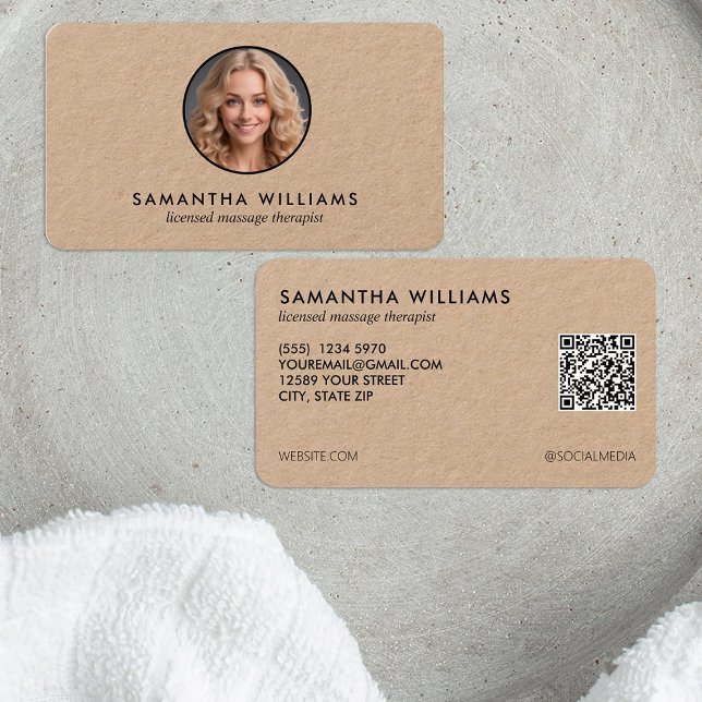 Cartão De Visita Foto QR personalizada do terapeuta de massagem lic (Criador carregado)