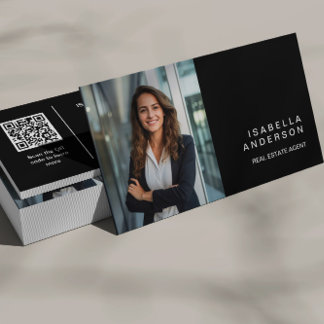 Cartão De Visita Foto QR Profissional de Imóveis Moderna Preta
