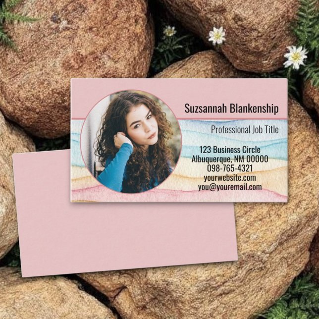 Cartão De Visita Foto redonda personalizada de Marketing empresaria (watercolor front custom photo business card template with matching back color)