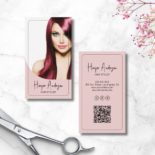Cartão De Visita Foto Salon Stylist de Cabelo Moderno, cor-de-rosa