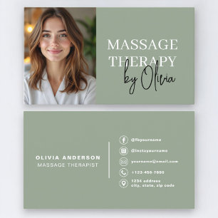 Cartão De Visita Foto Verde Sage de Terapeuta de Massagem