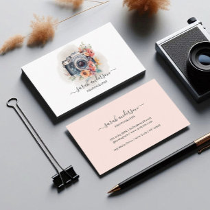 Cartão De Visita Fotografia com Câmera Floral em Aquarela Rosa Bege