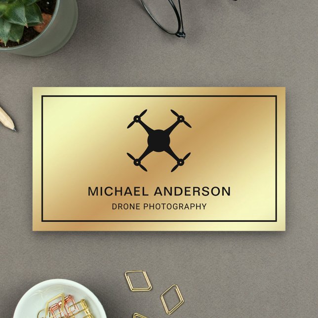 Cartão De Visita Fotografia do Drone Moderno com Folha de Ouro Faux (Criador carregado)