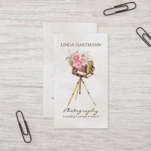 Cartão De Visita Fotografia em Aquarela de Câmera Antiga e Rosas