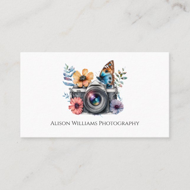 Cartão De Visita Fotografia Fotógrafo Câmera Floral Aquarela (Frente)
