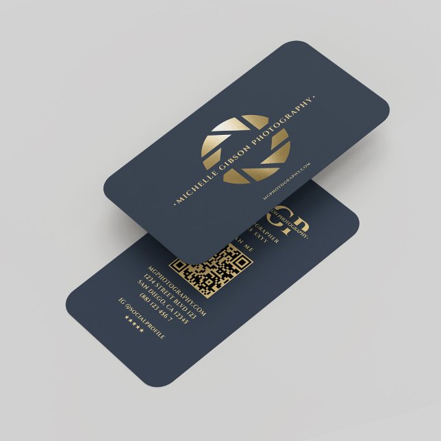 Cartão De Visita Fotografia Monograma Lente Dourada Azul Moderna (Modern Monogram Photographer Blue Gold Lens Business Card
)