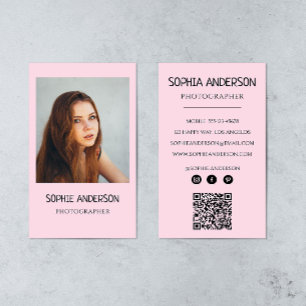 Cartão De Visita Fotografia Rosa Corado com Código QR