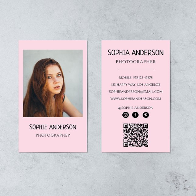 Cartão De Visita Fotografia Rosa Corado com Código QR (Criador carregado)