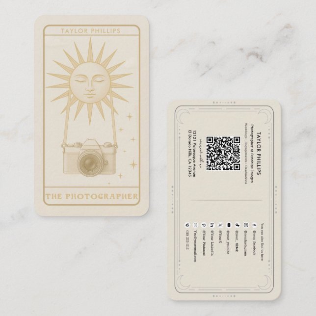 Cartão De Visita Fotografia Sol Tarot Fotógrafo Mídia Social QR (Frente/Verso)