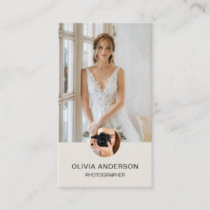 Cartão De Visita Fotógrafo 2 Fotos Ícones Personalizados QR Bege