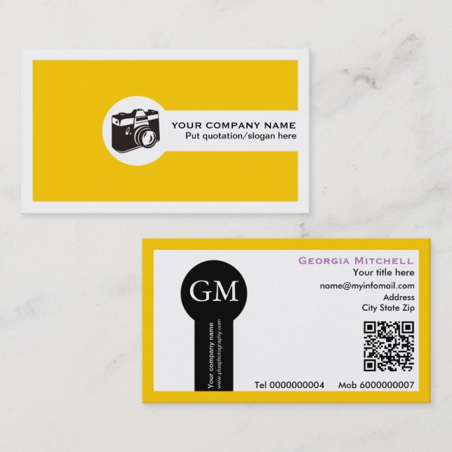 Cartão De Visita Fotógrafo câmera e código QR amarelo (Frente/Verso)