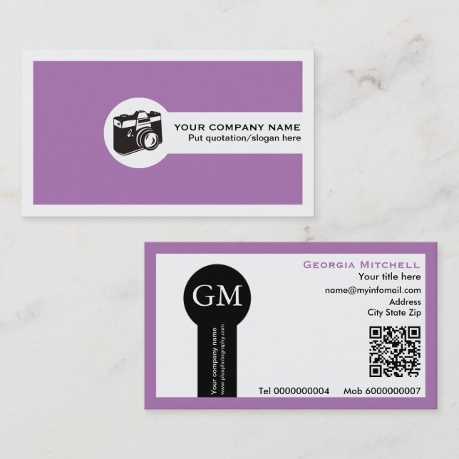 Cartão De Visita Fotógrafo câmera e código QR roxo (Frente/Verso)