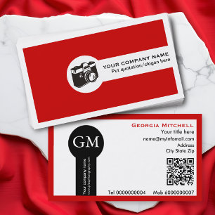 Cartão De Visita Fotógrafo câmera e código QR vermelho
