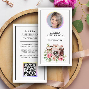 Cartão De Visita Fotógrafo de Código QR de Foto de Câmera Floral Vi