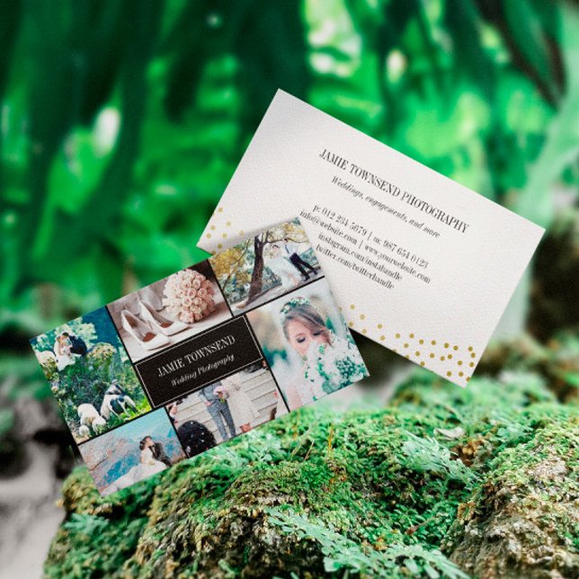 Cartão De Visita Fotógrafo de Colagem de Fotos Preta de Pontos Dour (Criador carregado)