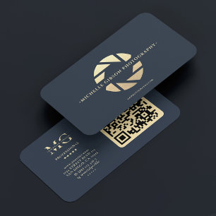 Cartão De Visita Fotógrafo Dourado Azul Escuro Lente Moderna