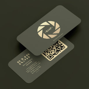 Cartão De Visita Fotógrafo Dourado Camera Lens Exército Verde Moder