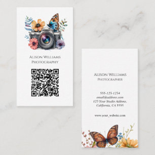 Cartão De Visita Fotógrafo Floral Borboleta Câmera Aquarela QR