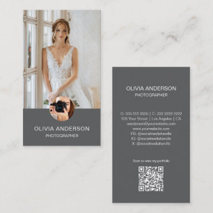 Cartão De Visita Fotógrafo Moderno 2 Fotos Código QR Cinza Simples
