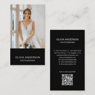 Cartão De Visita Fotógrafo Moderno 2 Fotos Código QR Preto Simples