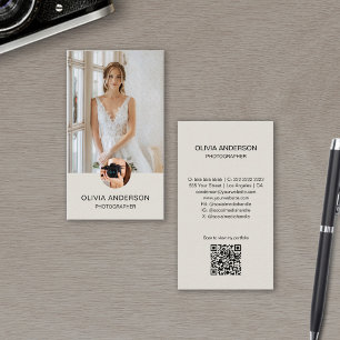 Cartão De Visita Fotógrafo Moderno Foto QR Tom Neutro Simples