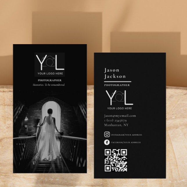 Cartão De Visita Fotógrafo Preto Negrito Código QR Foto de Mídia So (Criador carregado)