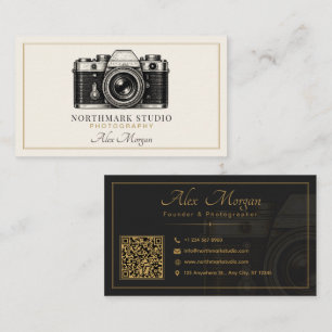Cartão De Visita Fotógrafo Vintage Código QR de Câmera Dourada de