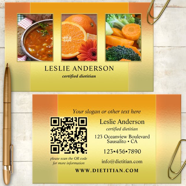Cartão De Visita Fotos Douradas Laranja Código QR Nutricionista (Portfolio photo business card showing an orange gold design - nice for a dietitian or nutritionist)