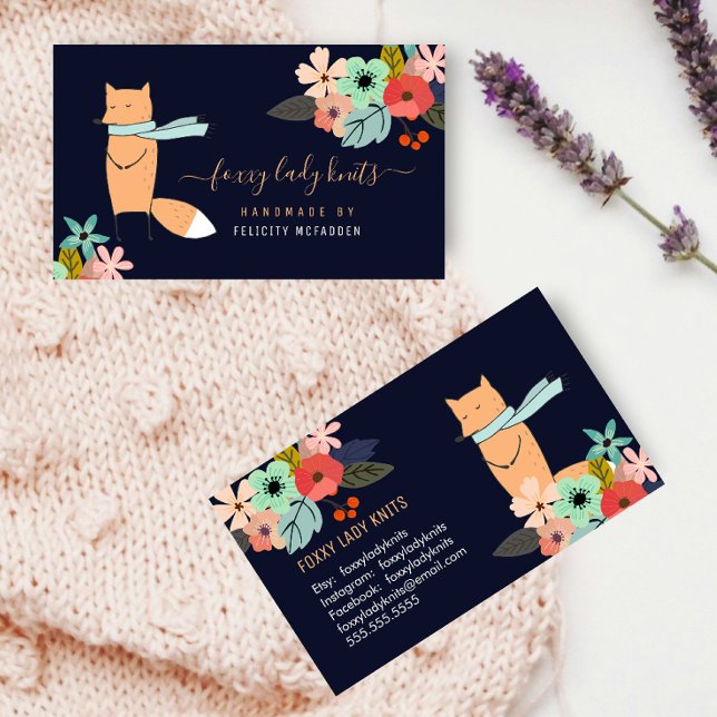 Cartão De Visita Fox e Floral Small Business (Fox and floral business card front and back view.)