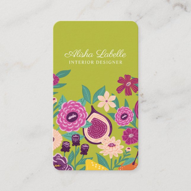 Cartão De Visita Frutas tropicais e flores silvestres Verde botânic (Frente)