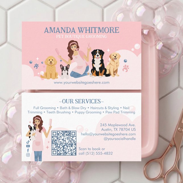 Cartão De Visita Fun Pampered Pet Dog Groomer Professional Stylist (Fun Pampered Pet Dog Groomer Professional Stylist Business Card)