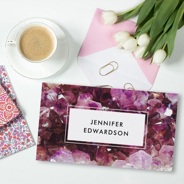 Cartão De Visita Funcionário de cristal de ametista roxo (Modern elegant purple amethyst gemstone,  crystal professional business card.)