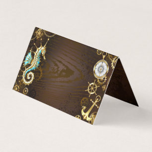 Cartão De Visita Fundo de madeira com cavalo de mar mecânico