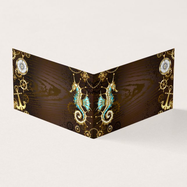 Cartão De Visita Fundo de madeira com cavalo de mar mecânico (Exterior)